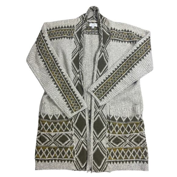 Lucky Brand Women’s Cardigan Sweater L Gray Olive Aztec Tribal Boho Knit - Picture 1 of 8